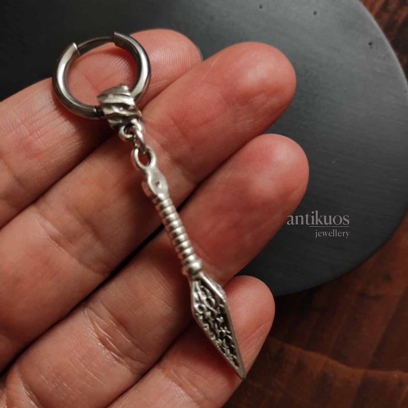 KUNAI, alternative modern single manga earring, unisex silver colour dangle earring, mens earring, earring for men, stainless hoop minimal image 5