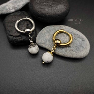 SIMPLE WHITE, Howlite mono earring, gemstone earring, simple dainty unisex dangle earring,  earring for men, stainless hoop, huggie earring