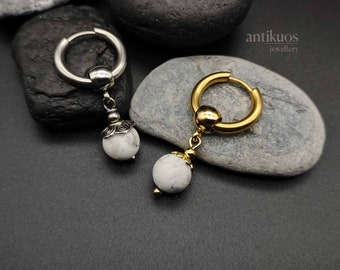 SIMPLE WHITE, pendiente mono de howlita, pendiente de piedra preciosa, pendiente colgante unisex sencillo y delicado, pendiente para hombre, aro de acero inoxidable, pendiente tipo huggie