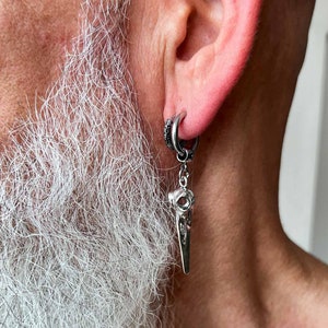 BIRD SKULL earring, alternative mono earring, modern single earring, unisex silver colour dangle earring, mens earring, stainless hoop, image 10