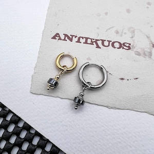 HEMATITE DROP, gemstone earring, stainless steel hoop earring, mens dangle earring, modern mens earring, gift her or him, small huggie, fss