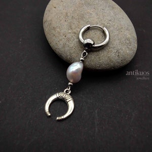 MOONLIGHT, mono single earring, mens earring, crescent moon and baroque pearls, unique special , unisex dangle earring, stainless steel