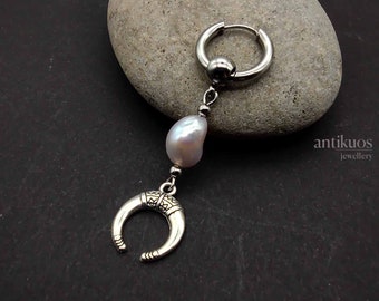 MOONLIGHT, mono single earring, mens earring, crescent moon and baroque pearls, unique special , unisex dangle earring, stainless steel