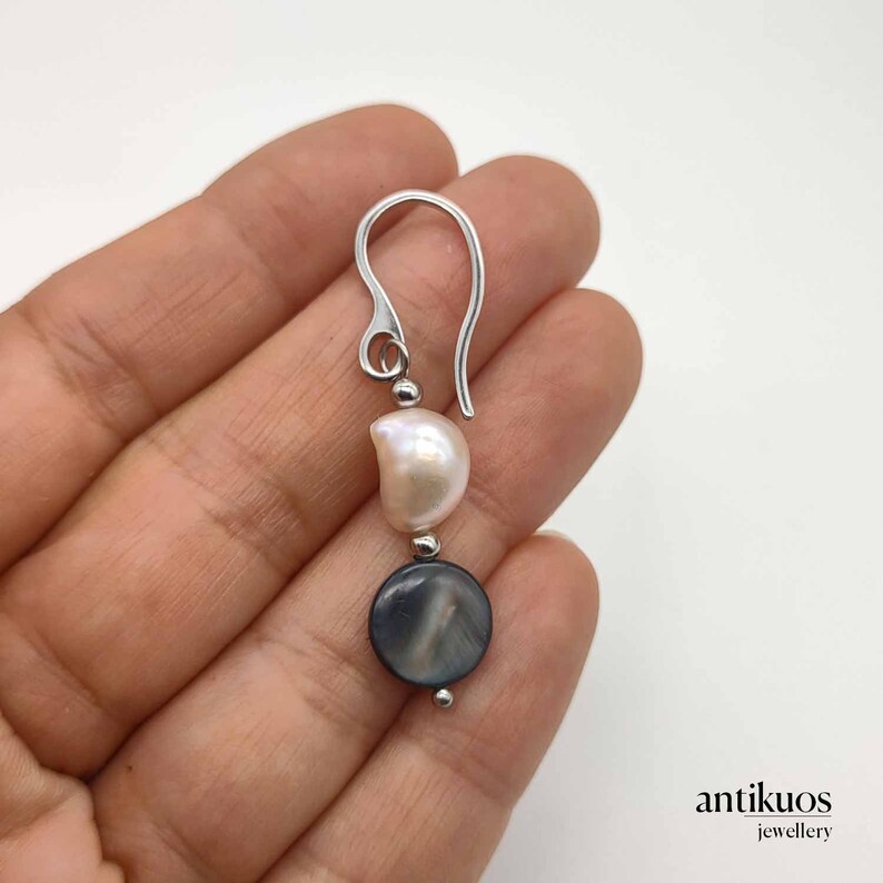 TOGETHER baroque pearl and mother of pearl disk, choose hoop or hook, unique single earring, unisex dangle earring, mens earring, fss image 4