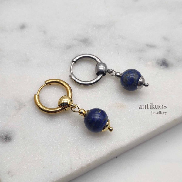 Mens earrings, LAPIS LAZULI hoop dangles, blue gemstone hoops, gold  silver, minimalist single earring, dangle earring, stainless steel, fss