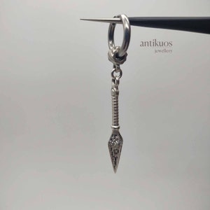KUNAI, alternative modern single manga earring, unisex silver colour dangle earring, mens earring, earring for men, stainless hoop minimal image 2