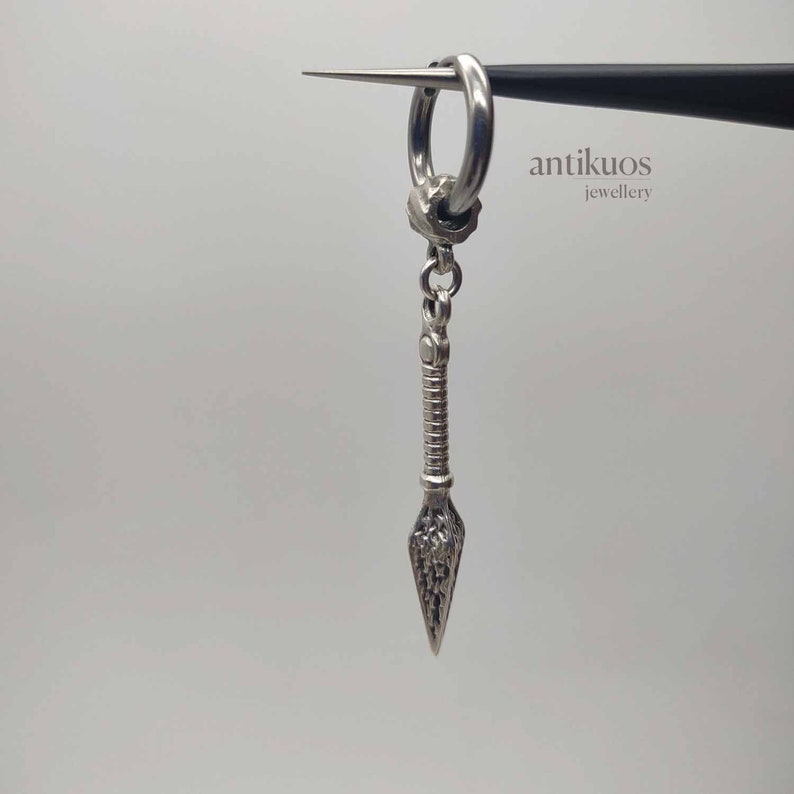 KUNAI, alternative modern single manga earring, unisex silver colour dangle earring, mens earring, earring for men, stainless hoop minimal image 2