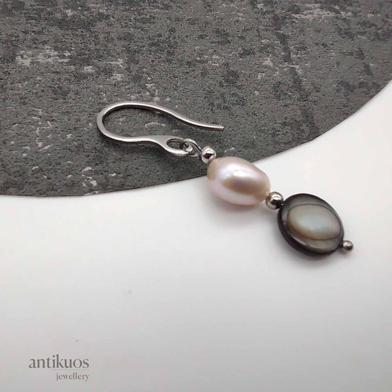 TOGETHER baroque pearl and mother of pearl disk, choose hoop or hook, unique single earring, unisex dangle earring, mens earring, fss image 3