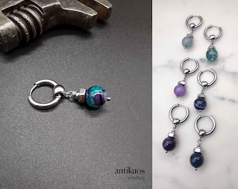 Pendiente de piedra preciosa de ágata violeta y verde azulado MYSTIC BALL, pendiente mono industrial, pendiente colgante unisex, pendiente para hombre, aro de acero inoxidable, tuerca, fss