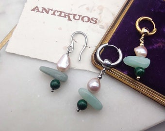 RELATIVITY, baroque pearl, mono earring, Amazonite, malachite , unique special single unisex dangle earring, mens earring, stainless , fss