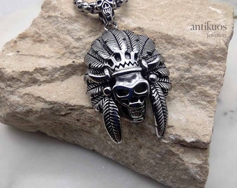 GRAND CANYON SKULL necklace, large heavy men's charm necklace, biker rocker jewellery, women necklace, stainless steel box chain