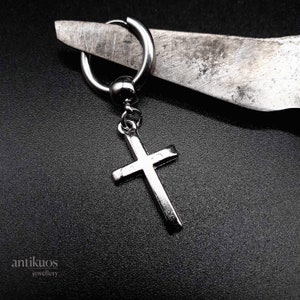 CROSS HOOP, alternative earring, biker single mono earring, simple unisex silver colour, mens earring, earring for men, stainless hoop, gift