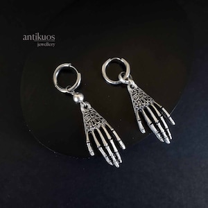 DEAD HAND, skeleton earring, alternative modern single mono earring, unisex silver colour dangle earring, earring for men, stainless hoop