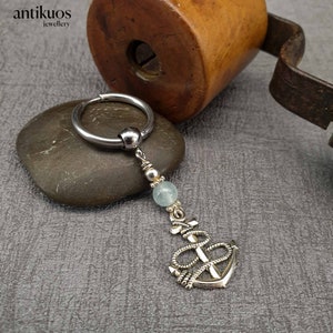 BLUE ANCHOR Aquamarine gemstone, alternative single mono earring, unisex dangle earring, mens earring, women earring,stainless hoop