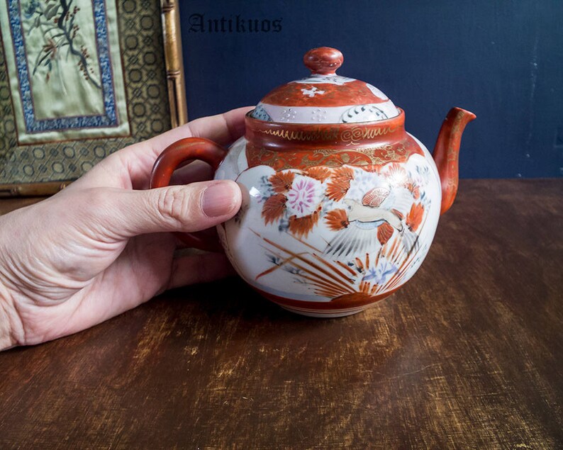 Antique Japanese Kutani teapot with infuser orange moriage Etsy