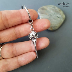 BIRD SKULL earring, alternative mono earring, modern single earring, unisex silver colour dangle earring, mens earring, stainless hoop, image 7