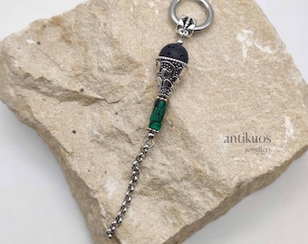 Celtic torch, lava beads and malachite single mono earring,  green and black, mens earring,earring for men, stainless hoops, dangle earring