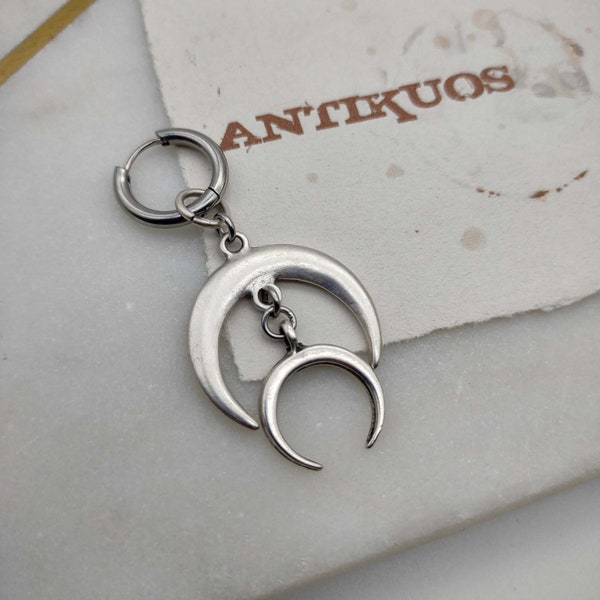 THE WITCHER, large double moon dangle hoop earring, single earring, alternative mono earring, mens earring, earring for men, punk, celestial