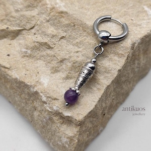 Amethyst simple earring, gemstone single earring, unisex medieval silver colour dangle earring, mens earring, earring for men,  mono earring