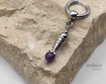 Amethyst simple earring, gemstone single earring, unisex medieval silver colour dangle earring, mens earring, earring for men,  mono earring