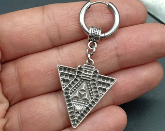 INCA TRIANGLE, mono single earring, unisex tribal silver colour dangle earring, mens earring, earring for men, stainless hoop,mono earring