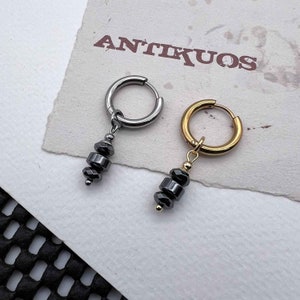 HEMATITE Column, gemstone earring, stainless steel hoop earring, mens dangle earring, modern mens earring, gift her or him, fss