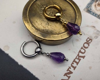 AMETHYST DROP, lila Edelstein Ohrring, einfacher Tropfen Mono Ohrring, unisex baumeln Ohrring, Ohrring für Männer, Edelstahl Hoop, fss