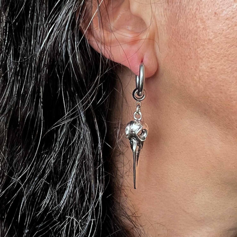 BIRD SKULL earring, alternative mono earring, modern single earring, unisex silver colour dangle earring, mens earring, stainless hoop, image 9