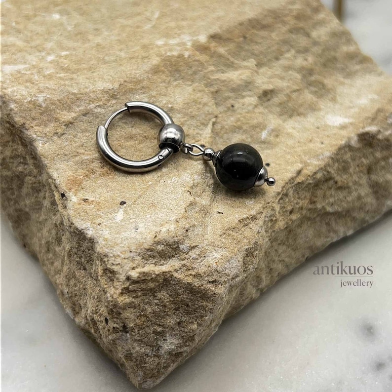 SIMPLE BLACK OBSIDIAN gemstone earring, single earring ,simple dainty unisex dangle earring, earring for men, stainless hoop, dangle, fss Single SILVER