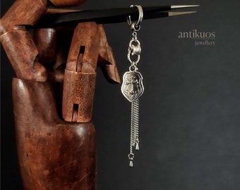 SHIELD AND CHAINS, unique medieval mono earring, unisex dangle earring, mens earring, earring for men, stainless hoop, long earring