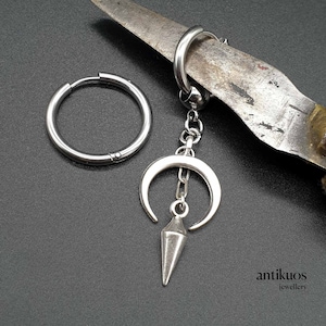 LUNA, mono single earring, unisex tribal silver colour dangle earring, mens earring, earring for men, stainless hoop, mystic moon, gothic