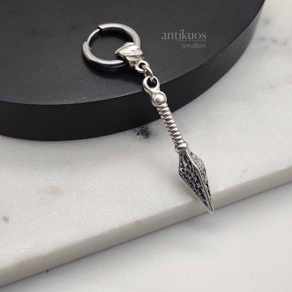 KUNAI, alternative modern single manga earring, unisex silver colour dangle earring, mens earring, earring for men, stainless hoop minimal