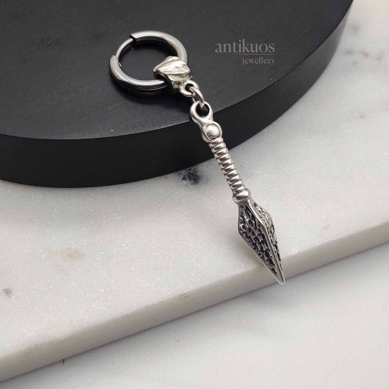 KUNAI, alternative modern single manga earring, unisex silver colour dangle earring, mens earring, earring for men, stainless hoop minimal image 1