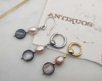 TOGETHER baroque pearl  and mother of pearl disk, choose hoop or hook, unique  single earring, unisex dangle earring, mens earring, fss