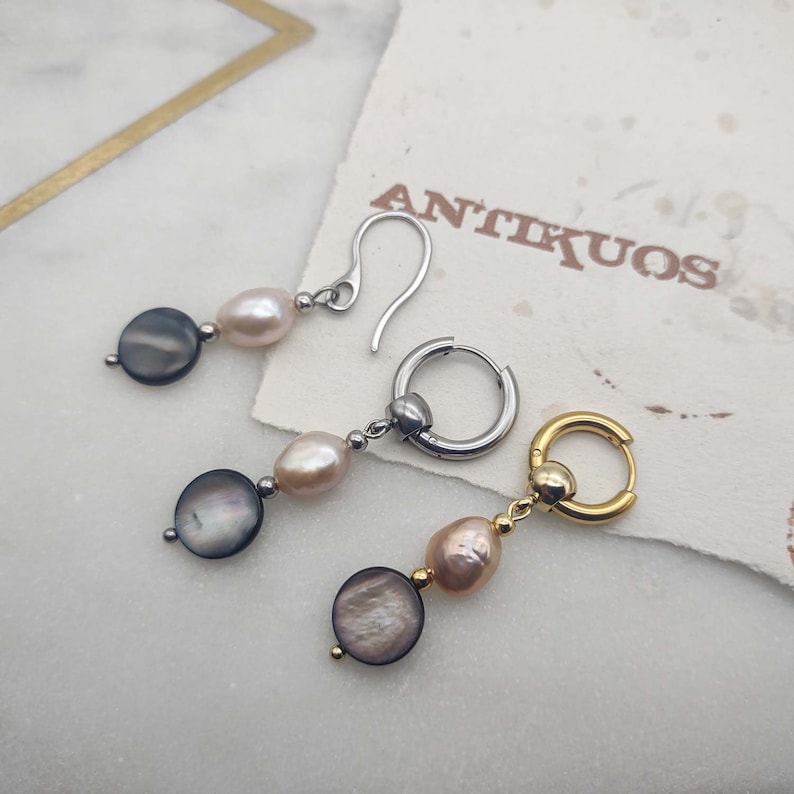 TOGETHER baroque pearl and mother of pearl disk, choose hoop or hook, unique single earring, unisex dangle earring, mens earring, fss image 1