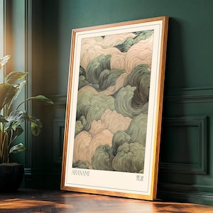 May include: A framed print of a stylized illustration of green and pink waves. The print is titled "Aranami" and has a Japanese character in the bottom right corner.