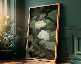 Floral Japandi Wall Art digital printable Lotus Flower Print Japanese Wall Art Sage Green Poster Wabi Sabi Painting extra large wall art