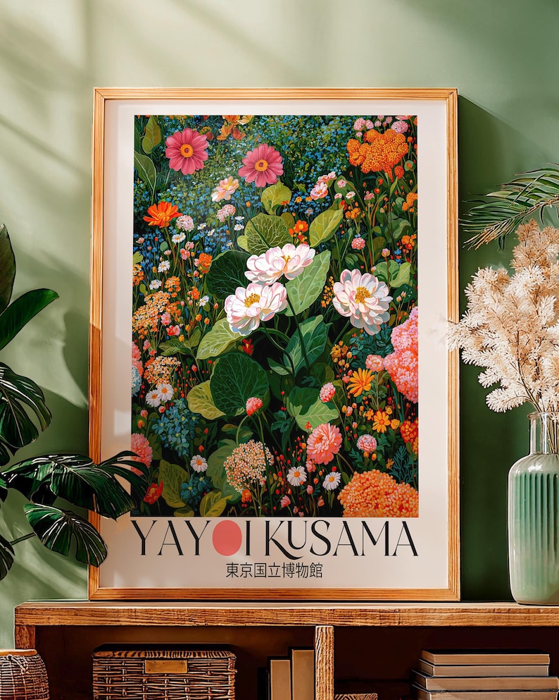 Yayoi Kusama printable Japanese Wall Art Floral sage green Japandi Wall Art Maximalist dopamine decor extra large Botanical Art Print