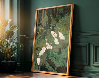 Japandi Wall Art Maximalist japanese chinoiserie Bird Wall Art wabi sabi forest Heron Painting living room poster large printable wall art