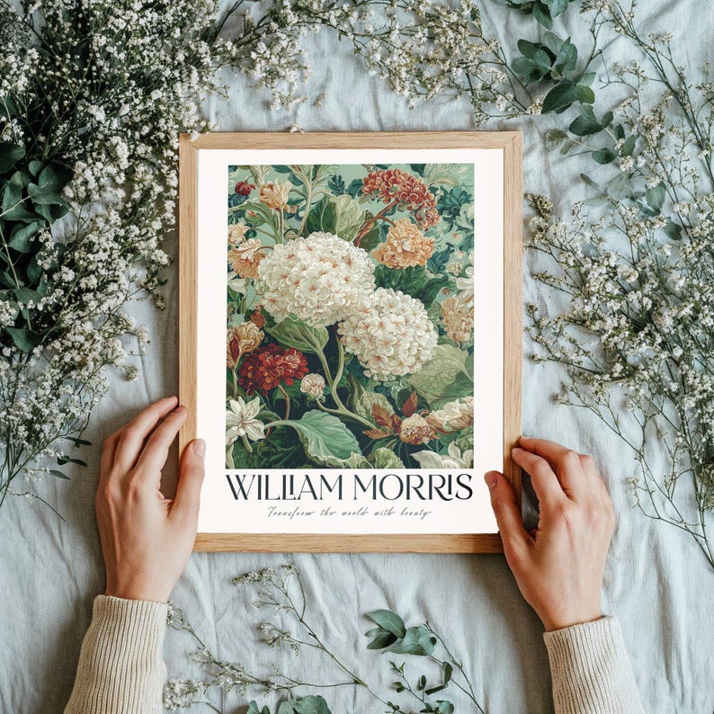 Maximalist Wall Art printable William Morris Hydrangea Print botanical sage green vintage Flower Poster extra large Floral wall art