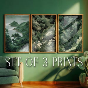 Japanische Wand Kunst Salbei Wald Wabi Sabi Gemälde japandi Gallery Wall set von 3 Drucken Küsten Plakat extra große druckbare Wandkunst