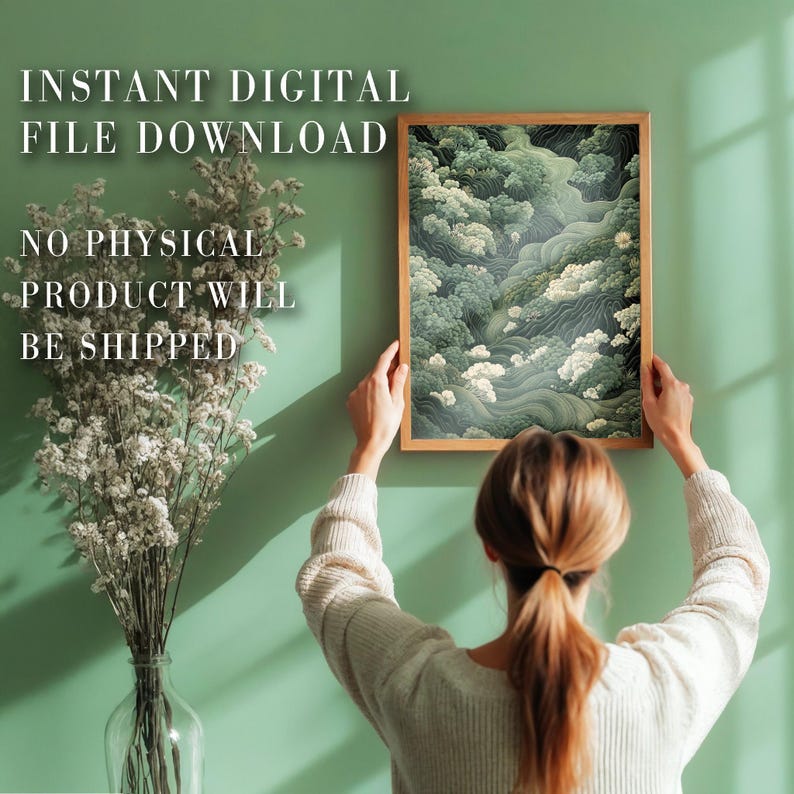 Japanese Forest Wall Art Maximalist Print Sage Green Wabi Sabi Painting japandi Art chinoiserie poster extra large printable wall art