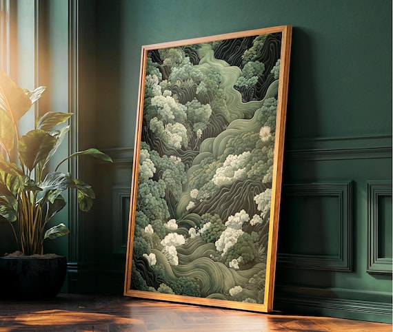 Japanese Forest Wall Art Maximalist Print Sage Green Wabi Sabi Painting japandi Art chinoiserie poster extra large printable wall art