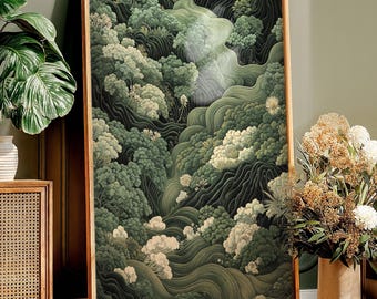 Green digital Japanese Wall Art, printable Forest Wall Art, Wabi Sabi wall art, sage green japandi wall Art