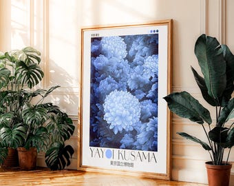 Navy Blue Yayoi Kusama Print Japanese Floral Wall Art