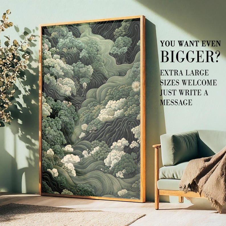 Japanese Forest Wall Art Maximalist Print Sage Green Wabi Sabi Painting japandi Art chinoiserie poster extra large printable wall art