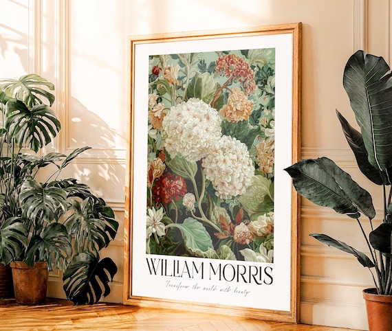 Maximalist Wall Art printable William Morris Hydrangea Print botanical sage green vintage Flower Poster extra large Floral wall art