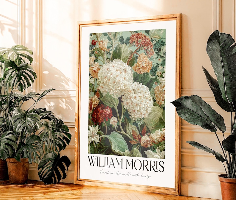 Maximalist Wall Art printable William Morris Hydrangea Print botanical sage green vintage Flower Poster extra large Floral wall art