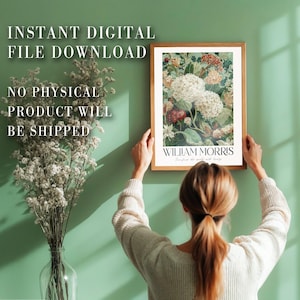 Maximalist Wall Art printable William Morris Hydrangea Print botanical sage green vintage Flower Poster extra large Floral wall art
