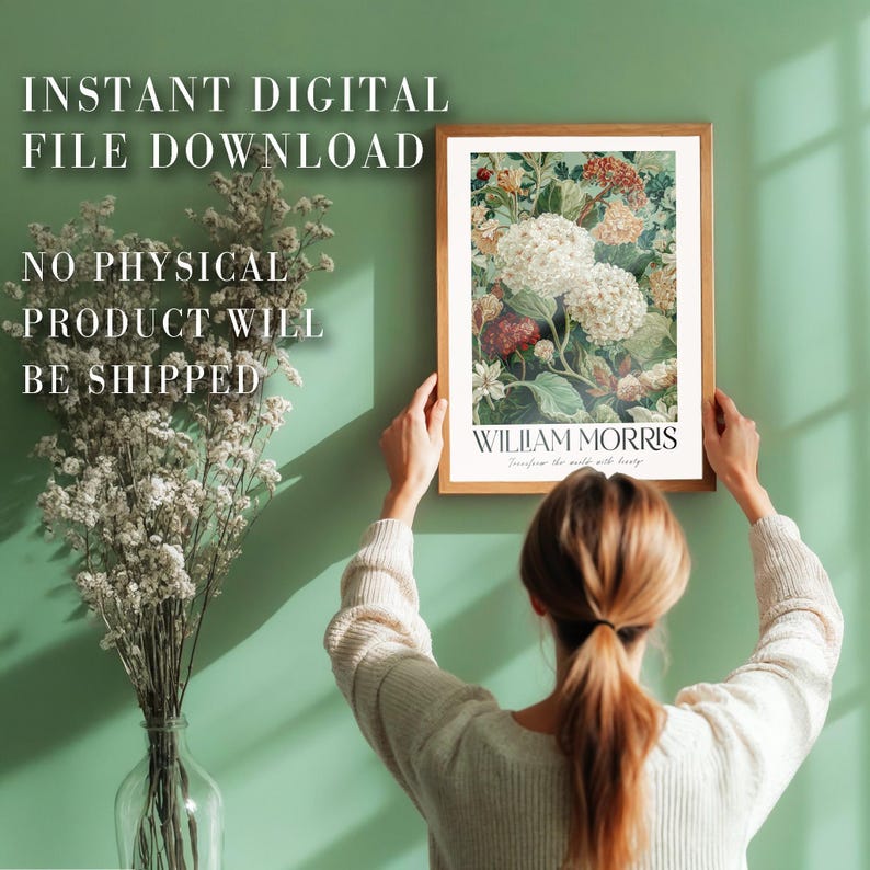 Maximalist Wall Art printable William Morris Hydrangea Print botanical sage green vintage Flower Poster extra large Floral wall art